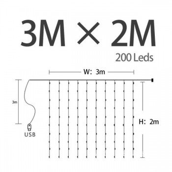 Гірлянда штора Роса на 200 лед 3х2 метри з гачками і пультом від USB, теплий білий