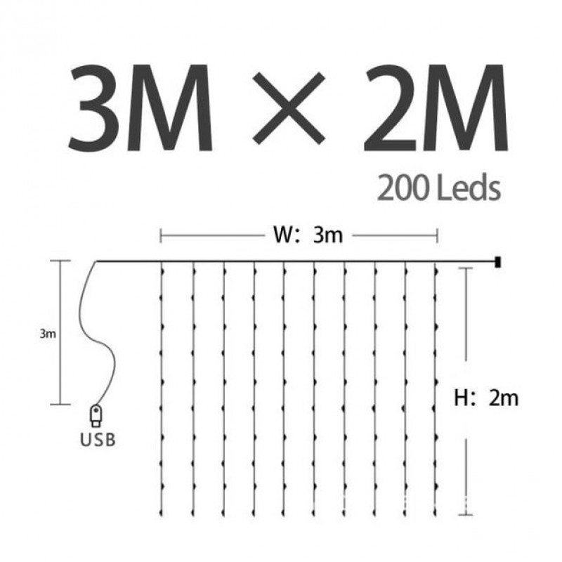 Гирлянда-штора Роса на 200 лед 3х2 метра с пультом от USB, теплый белый свет