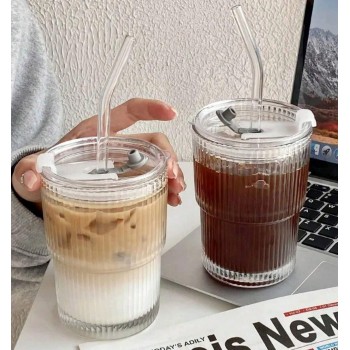 Стакан из термостекла 400 мл с крышкой и трубочкой для смузи, коктейлей, айс-кофе Aura, белый