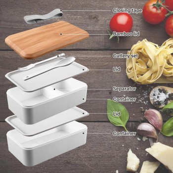 Набір ланчбокс 2-ярусний з супницею та термосумкою, 1400+600 мл, з ложками та виделкою, Bento Box, білий