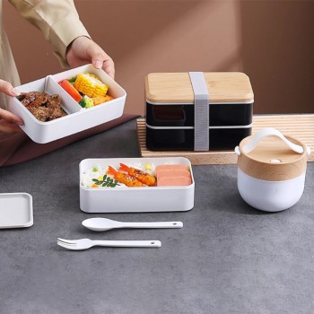 Набір ланчбокс 2-ярусний з супницею та термосумкою, 1400+600 мл, з ложками та виделкою, Bento Box, білий