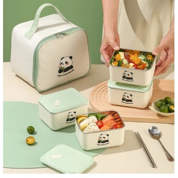Набір з 4 ланчбоксів по 850 мл з термосумкою Panda, герметичні контейнери з нержавіючої сталі 304 для школи, офісу, пікніка