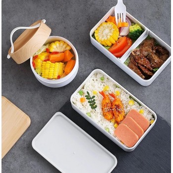 Набір ланчбокс 2-ярусний з супницею та термосумкою, 1400+600 мл, з ложками та виделкою, Bento Box, білий