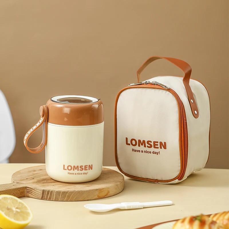 Ланч-набор 3-в-1 Lomsen 450 мл - термо ланчбокс-супница с ложкой и сумкой, коричневый