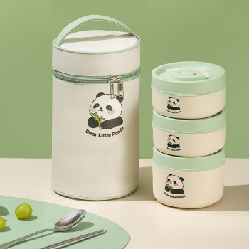 Набор из 4 овальных ланч-боксов (2х420мл + 1х620мл) с термосумкой Panda Trio, герметичные контейнеры из нержавеющей стали 304