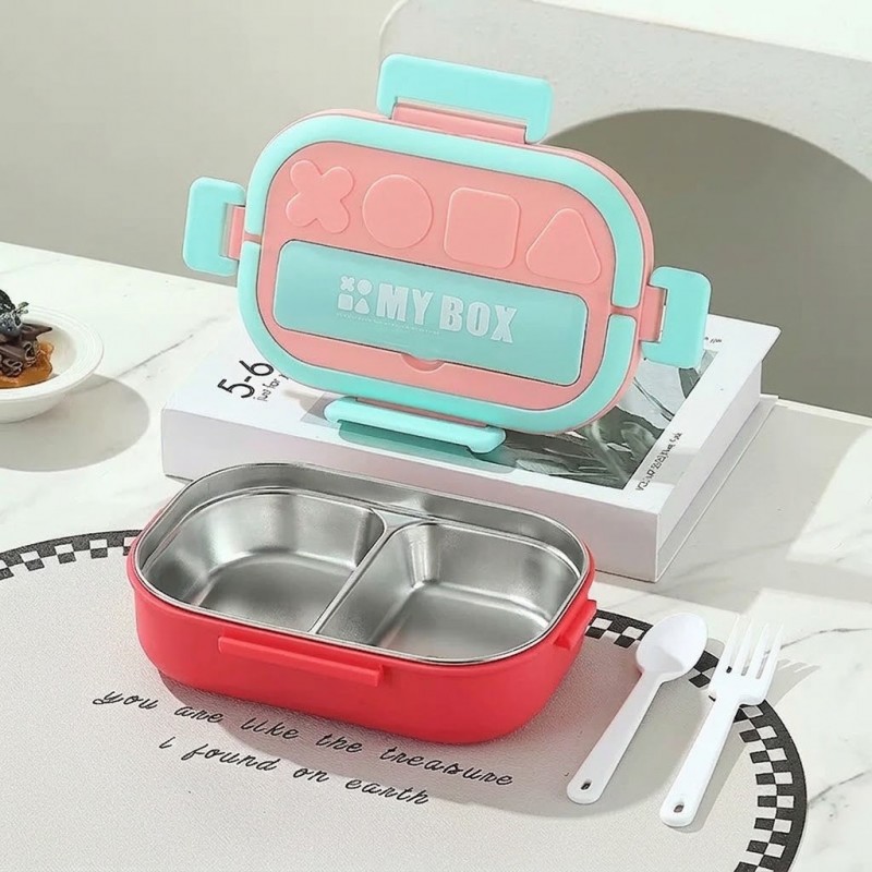 Яркий ланч-бокс MY Box 800 мл с металлической чашей и приборами, розовый
