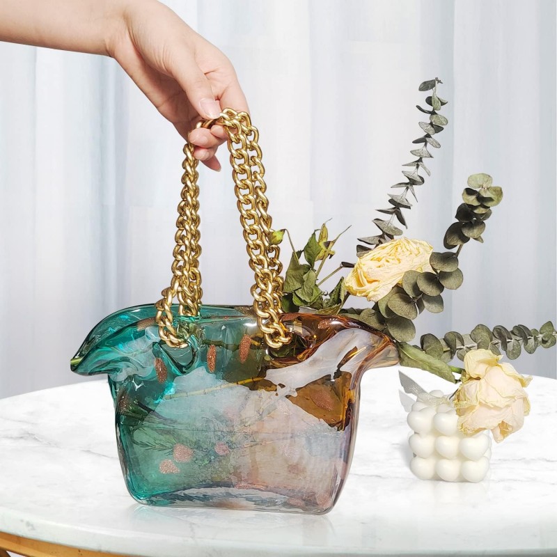Скляна ваза Luxora Bag у формі сумки з ручкою-ланцюжком для квітів і декору, 22×9×14 см