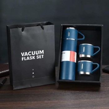 Набір металевий термос Flask з кришкою-чашкою і двома чашками, 500 мл — синій
