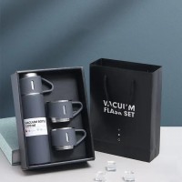 Набор металлический термос Flask с крышкой-чашкой и двумя чашками, 500 мл - серый