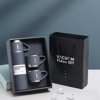 Набір металевий термос Flask з кришкою-чашкою і двома чашками, 500 мл — сірий