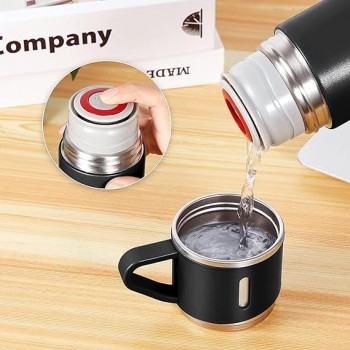 Набор металлический термос Flask с крышкой-чашкой и двумя чашками, 500 мл - бирюзовый