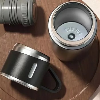 Набір металевий термос Flask з кришкою-чашкою і двома чашками, 500 мл — чорний