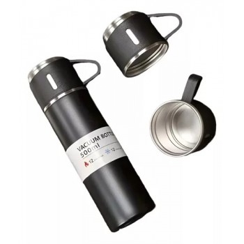 Набір металевий термос Flask з кришкою-чашкою і двома чашками, 500 мл — чорний