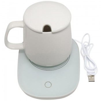 Керамічна чашка з підігрівом від USB, з кришкою та ложкою в комплекті, 350 мл біла
