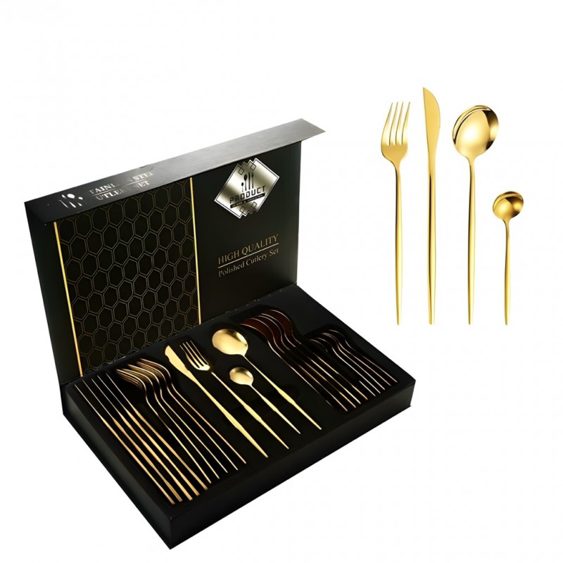 Набор столовых приборов 24 шт. Flat, 6 комплектов: 2 ложки, вилка, нож, золотой