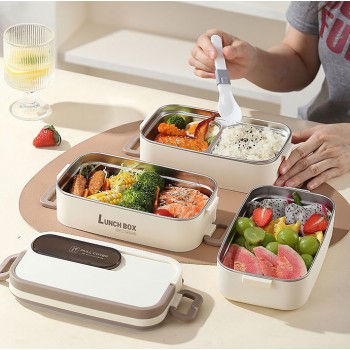 Термо ланч-набір на три яруси з сумкою, соусницею і приладом 2в1, Food Box 1950 мл, бежевий
