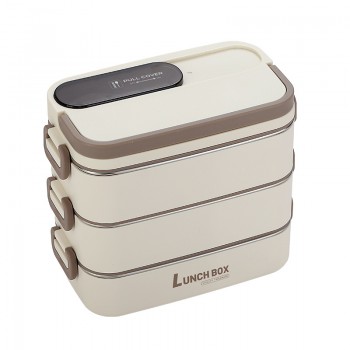 Термо ланч-набір на три яруси з сумкою, соусницею і приладом 2в1, Food Box 1950 мл, бежевий