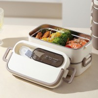 Ланч-бокс на два яруса с металлической вставкой, соусницей и прибором 2в1, Food Box 1350 мл, бежевый