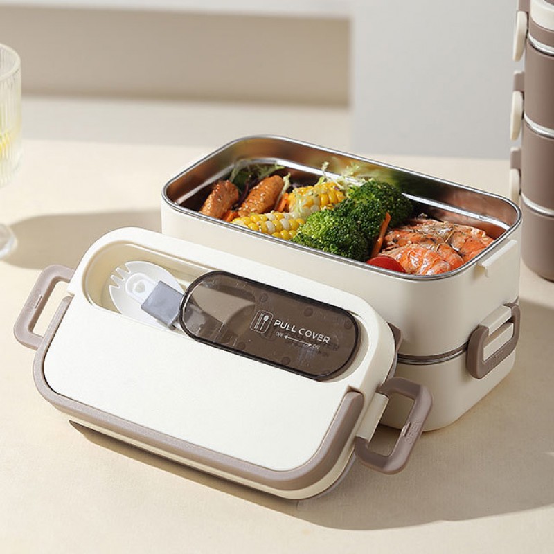 Ланч-бокс на два яруса с металлической вставкой, соусницей и прибором 2в1, Food Box 1350 мл, бежевый