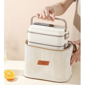 Термо ланч-набір на три яруси з сумкою, соусницею і приладом 2в1, Food Box 1950 мл, бежевий