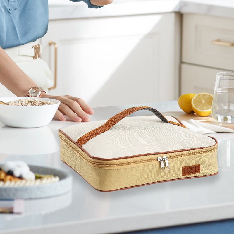 Термосумка для великих пласких ланч-боксів Beige Flat L, плоска сумка-холодильник для їжі з собою