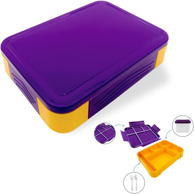 Плоский ланч-бокс на 5 герметичных секций с приборами Flat-Box 1330 мл, фиолетовый