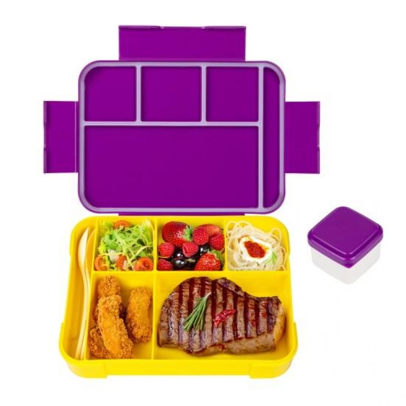 Плоский ланч-бокс на 5 герметичных секций с приборами Flat-Box 1330 мл, фиолетовый