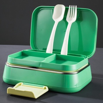 Ланч-бокс 1050мл PRISM двоярусний на 3 відділення, сталь 304, герметичний контейнер для їжі - зелений