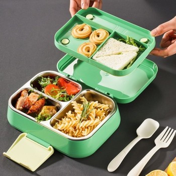 Ланч-бокс 1050мл PRISM двоярусний на 3 відділення, сталь 304, герметичний контейнер для їжі - зелений