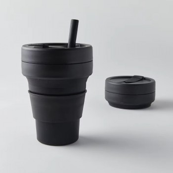 Складний стакан 350 мл, Silicone cup із трубочкою, чорний
