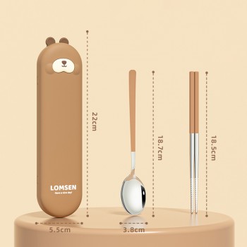 Набор столовых приборов в футляре - ложка и палочки Asian Kawaii, коричневый
